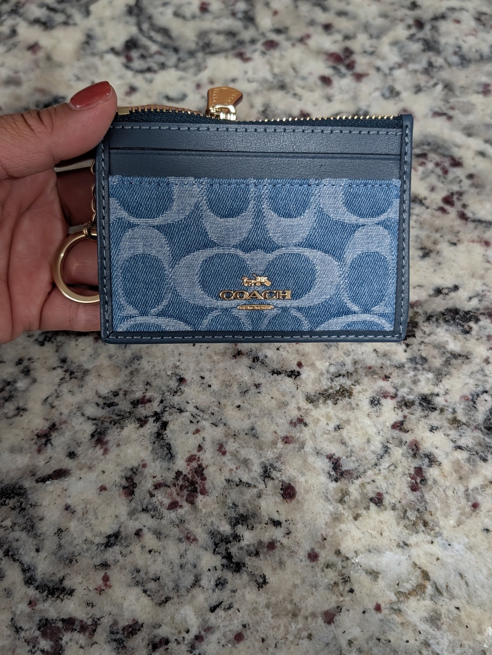Coach Denim Signature Blue Card Case with Gold Hardware